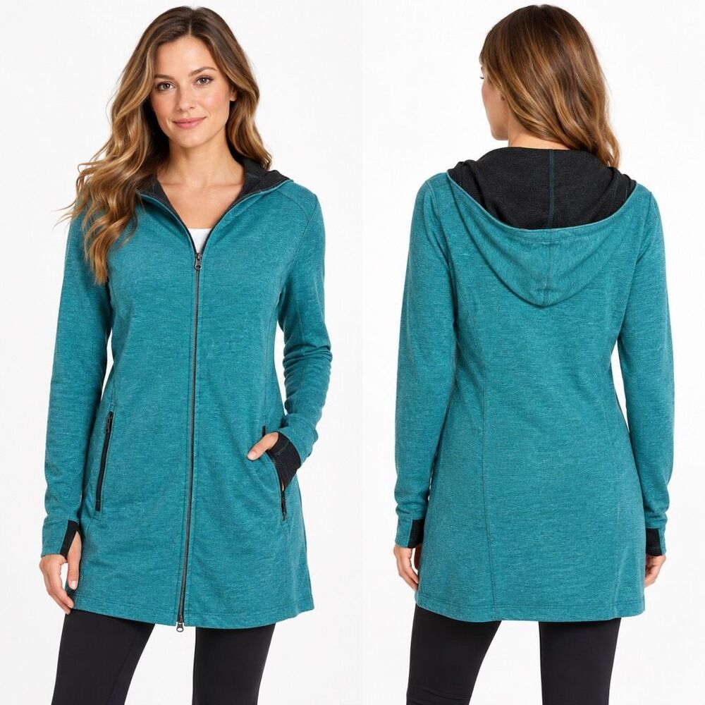 Ibex Merino Wool Longline Full Zip Hooded Jacket Teal Black Thumbholes L